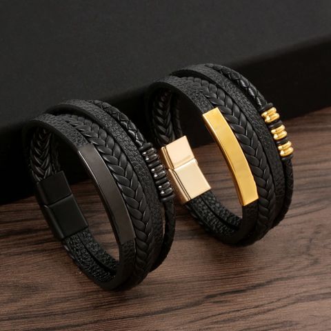 Elegante Glamour Clásico Color Sólido Cuero Sintético Aleación Hecho A Mano Hombres Brazalete