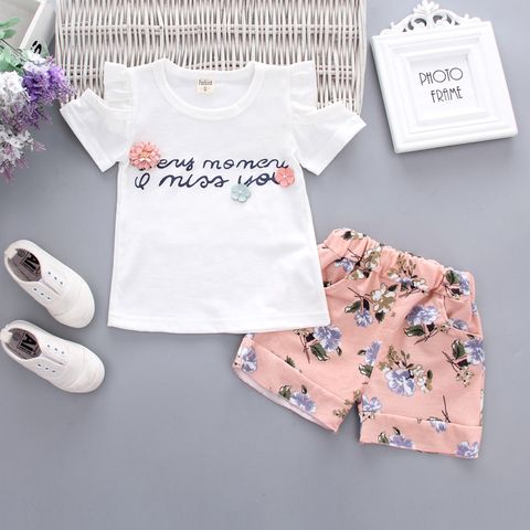 Simple Style Cartoon Flower Printing Cotton Girls Clothing Sets