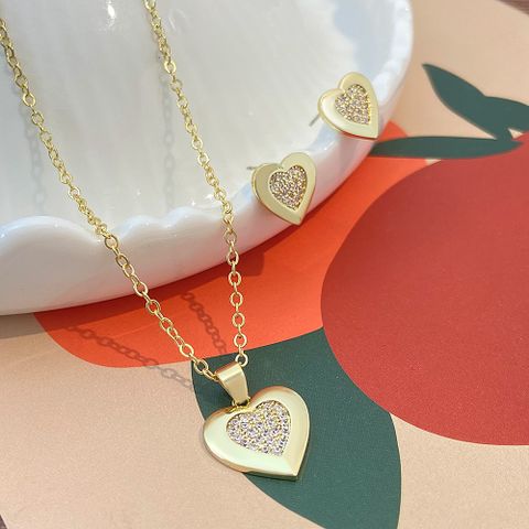 Simple Style Heart Shape Copper 14k Gold Plated Earrings Necklace In Bulk