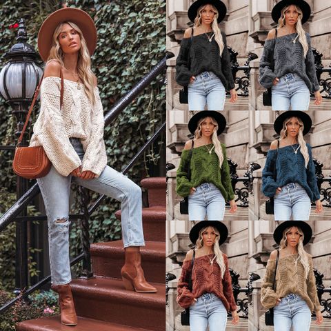 Women's Sweater Long Sleeve Sweaters & Cardigans Rib-knit Casual Solid Color