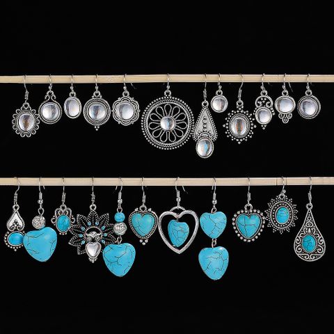 1 Pair Vintage Style Heart Shape Inlay Alloy Turquoise Silver Plated Drop Earrings