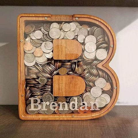 Wooden English Letters Coin Bank Cash Box Piggy Bank