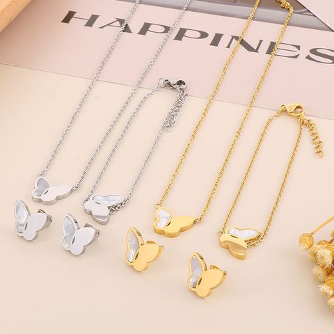 Titanium Steel 18K Gold Plated Simple Style Shiny Plating Inlay Butterfly Shell Bracelets Earrings Necklace