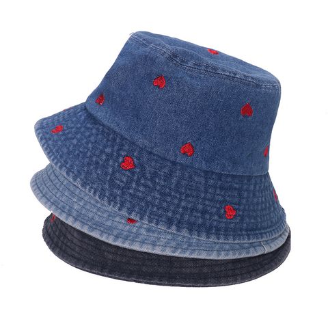 Women's Simple Style Heart Shape Flower Embroidery Flat Eaves Bucket Hat