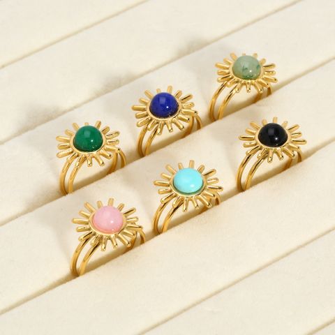 304 Stainless Steel 18K Gold Plated Modern Style Inlay Flower Turquoise Open Rings
