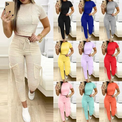 Women's Casual Solid Color Polyester Patchwork Pants Sets