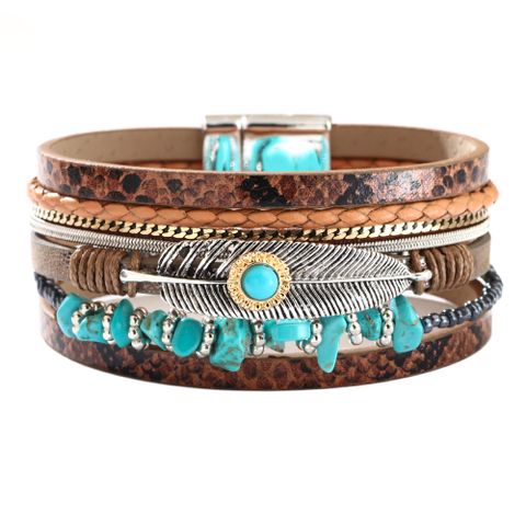 Casual Ethnic Style Round Snakeskin Pu Leather Alloy Inlay Artificial Pearls Resin Women's Wristband