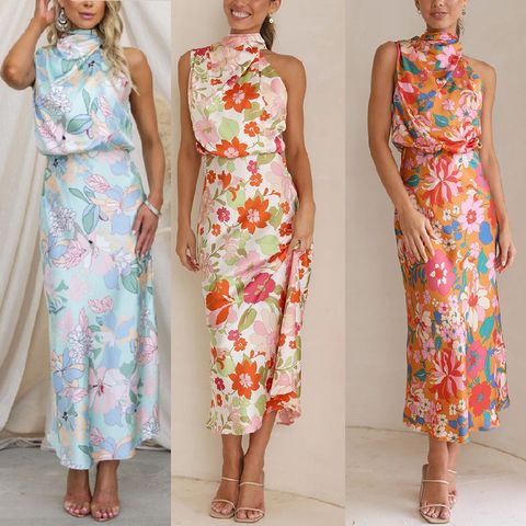 Women's Satin Dress Elegant Turtleneck Printing Sleeveless Flower Maxi Long Dress Banquet