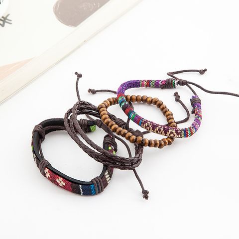 Wholesale Jewelry Retro Geometric Pu Leather Wooden Beads Cowhide Bracelets