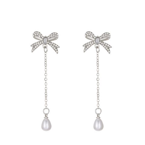 Fairy Style Bow Knot Artificial Diamond Artificial Pearl Alloy Wholesale Pendant Necklace