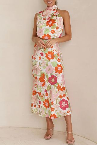 Women's Satin Dress Elegant Turtleneck Printing Sleeveless Flower Maxi Long Dress Banquet