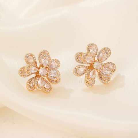 1 Pair Sweet Simple Style Flower Plating Inlay Copper Zircon K Gold Plated Rhodium Plated Ear Studs
