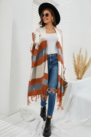 Women's Coat Long Sleeve Sweaters & Cardigans Tassel Rib-knit Vintage Style Vacation Stripe