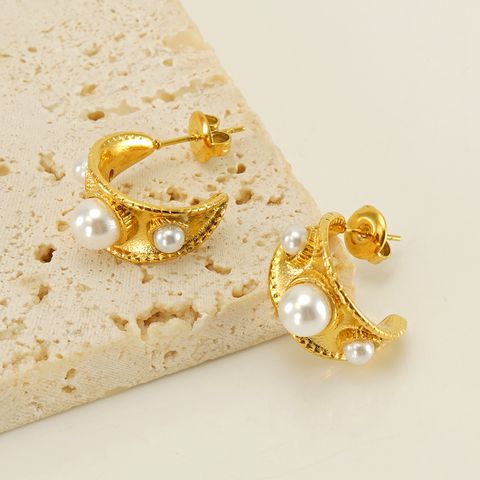1 Pair Vintage Style Solid Color Plating Inlay 304 Stainless Steel Artificial Pearls 18K Gold Plated Ear Studs