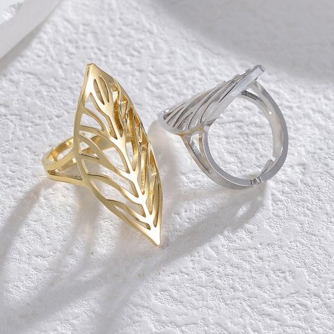 304 Stainless Steel 14K Gold Plated Casual Simple Style Plating Hollow Out Leaves Open Rings