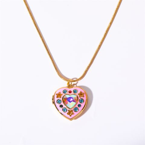 Cute Heart Shape Copper Plating Inlay Zircon 18k Gold Plated Pendant Necklace