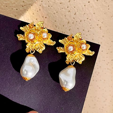 1 Pair Simple Style Flower Inlay Alloy Pearl Drop Earrings