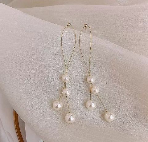 1 Pair Elegant Simple Style Round Tassel Plating Imitation Pearl Alloy Drop Earrings