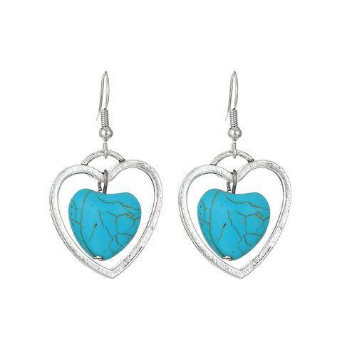 1 Pair Vintage Style Heart Shape Inlay Alloy Turquoise Silver Plated Drop Earrings