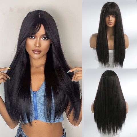 Women's Simple Style High Temperature Wire Bangs Long Straight Hair Wigs