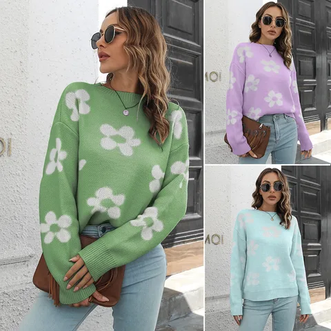 Mujeres Suéter Manga Larga Jerséis Y Cárdigans Jacquard Casual Flor