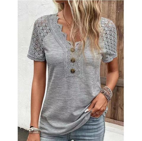 Women's T-shirt Short Sleeve T-shirts Lace Casual Solid Color