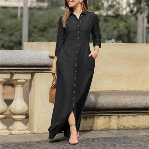 Women's Denim Dress Casual Shirt Collar Pocket Long Sleeve Solid Color Maxi Long Dress Daily