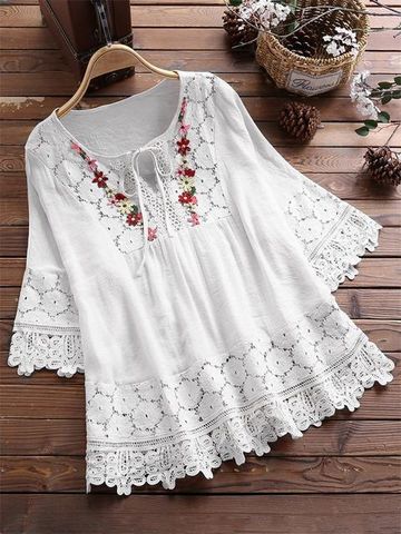 Women's Eyelet Top 3/4 Length Sleeve Blouses Washed Casual Vintage Style Solid Color