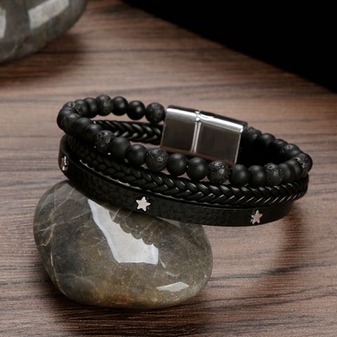 Casual Estilo Simple Pentagrama Cuero Sintético Aleación Piedra Natural Con Cuentas Hombres Brazalete