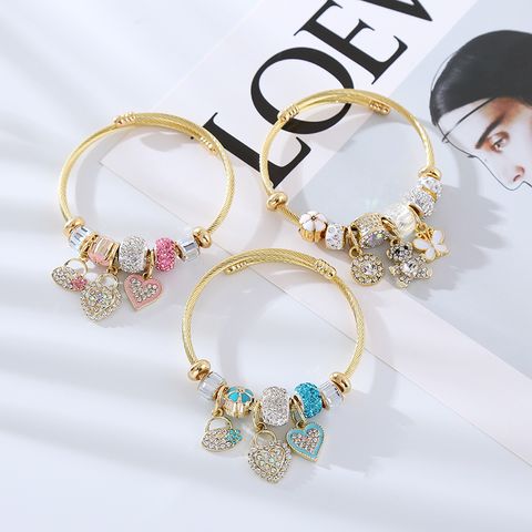 Wholesale Jewelry Elegant Lady Round Heart Shape Alloy Rhinestones Inlay Bangle