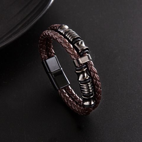 Punk Solid Color Stainless Steel Pu Leather Men's Wristband