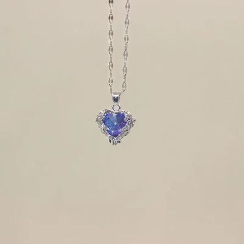 Titanium Steel Lady Inlay Heart Shape Artificial Gemstones Pendant Necklace