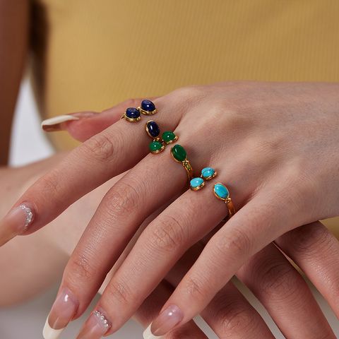304 Stainless Steel 18K Gold Plated Retro Irregular Plating Inlay Water Droplets Turquoise Open Rings