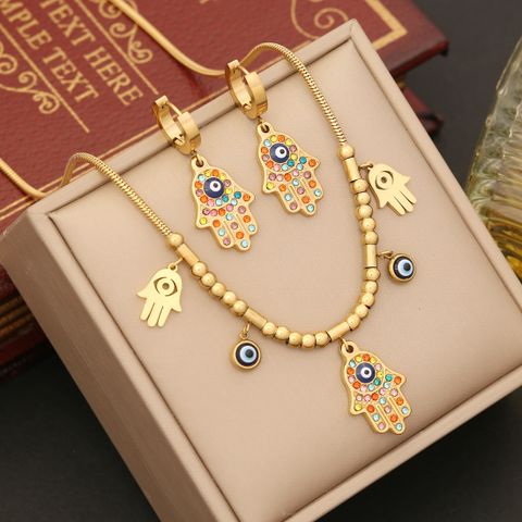 Stainless Steel 18K Gold Plated IG Style Ethnic Style Beaded Plating Inlay Palm Eye Artificial Diamond Bracelets Earrings Necklace