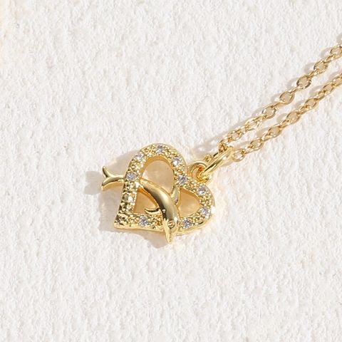 Cute Sweet Penguin Dolphin Heart Shape Copper Plating Inlay Zircon 14k Gold Plated Pendant Necklace