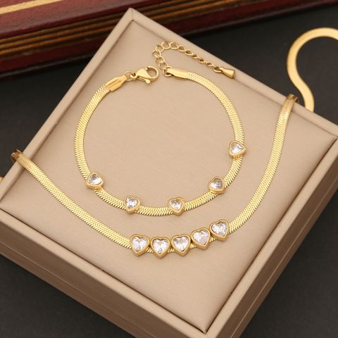 Stainless Steel 18K Gold Plated IG Style Shiny Plating Inlay Heart Shape Artificial Diamond Bracelets Earrings Necklace