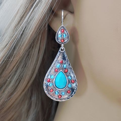 1 Pair Vintage Style Ethnic Style Water Droplets Inlay Metal Turquoise Silver Plated Drop Earrings