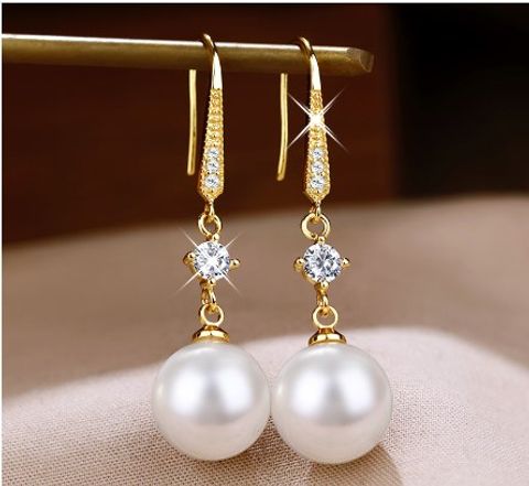 1 Pair Elegant Water Droplets Plating Inlay Imitation Pearl Copper Zircon Gold Plated Drop Earrings