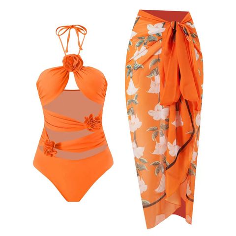 Women's Vacation Sexy Flower Hollow Out 2 Pieces Set One Piece
