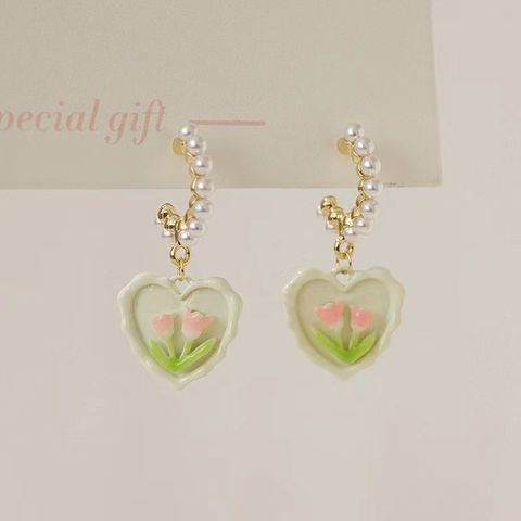 1 Pair Sweet Heart Shape Flower Enamel Inlay Alloy Artificial Pearls Drop Earrings