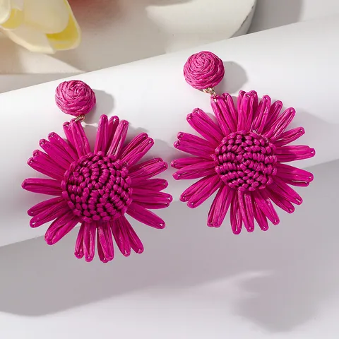 1 Par Bohemio Flor Rafia Pendientes De Gota