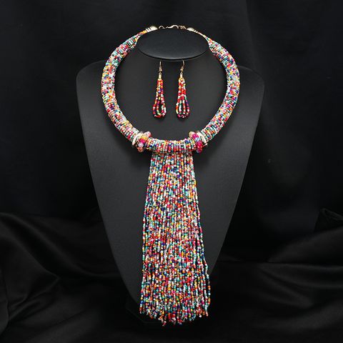 Exaggerated Ethnic Style Tassel Beaded Alloy Seed Bead Women's Earrings Necklace