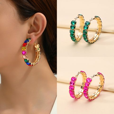 1 Pair Elegant Glam Luxurious Round Inlay Ferroalloy Glass Hoop Earrings