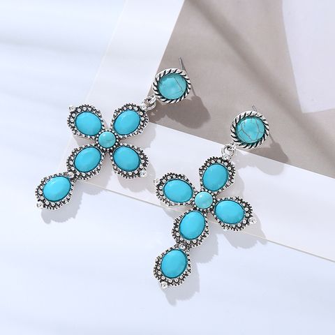1 Pair Vintage Style Luxurious Classic Style Cross Plating Inlay Alloy Turquoise Silver Plated Dangling Earrings