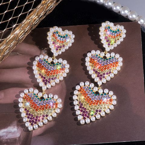 1 Pair Simple Style Heart Shape Inlay Alloy Pearl Zircon Drop Earrings