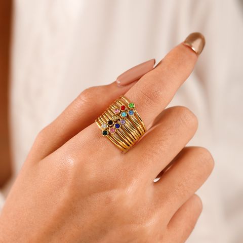 304 Stainless Steel 18K Gold Plated Simple Style Plating Inlay Round Rhinestones Birthstone Rings