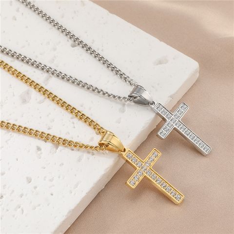 Casual Simple Style Cross Stainless Steel Plating Inlay Zircon Gold Plated Men's Pendant Necklace