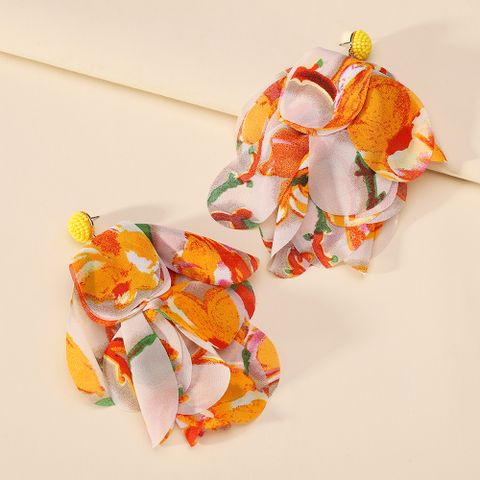 1 Pair Elegant Bohemian Romantic Petal Tassel Cloth Fabric Dangling Earrings