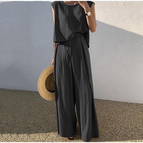 Women's Casual Solid Color Cotton And Linen Pants Sets