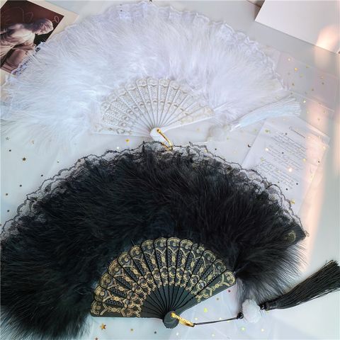 Gothic Style Lolita New Classical Feather Folding Fan Posing Props Retro Style Japanese Style Lace Cheongsam Fan